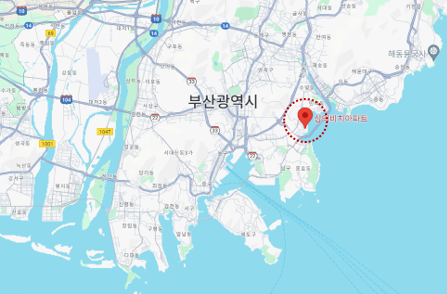 부산 남천동 삼익비치타운지도. '삼익비치아파트'로 빨간색 핀 표시로 위치가 표시되어 있다.