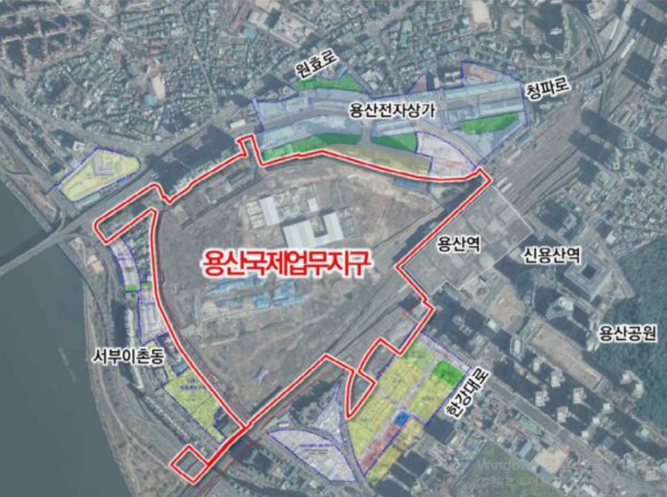용산국제업무지구 위치를 표시한 위성 지도이다.