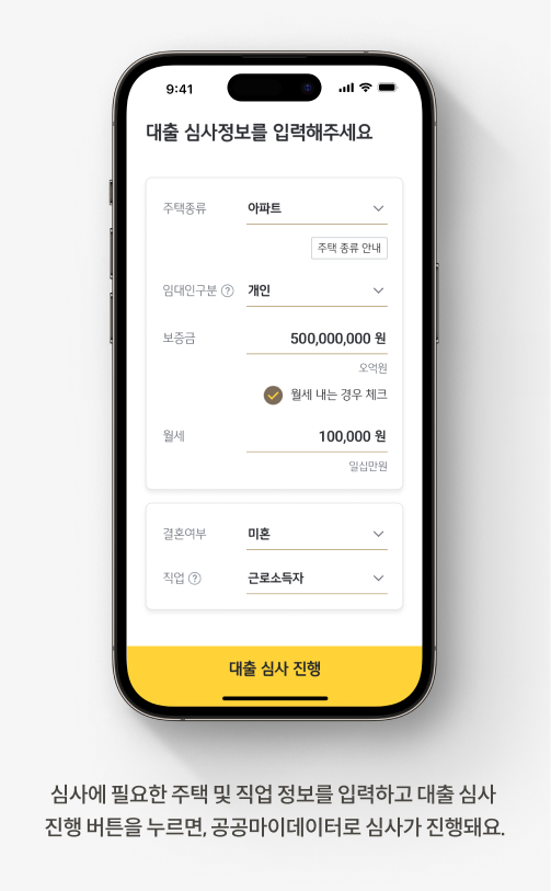 심사에 필요한 주택, 직업 정보를 입력하고 대출 심사 진행 버튼을 누루면 공공마이데이터로 심사가 진행되는 것을 보여주는  KB스타뱅킹 이미지다.