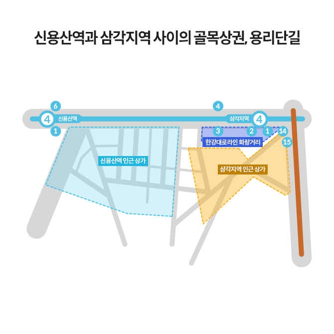 신용산역과 삼각지역 사이의 골목상권, 용리단길을 보여주는 지도 이미지이다..