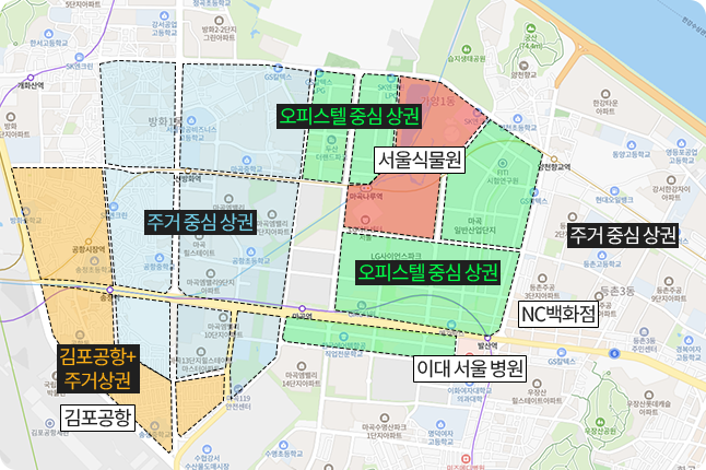 강서구 마곡-발산 상권 지도로 오피스텔 중심 상권과 주거 중심 상권으로 구성되어 있다..