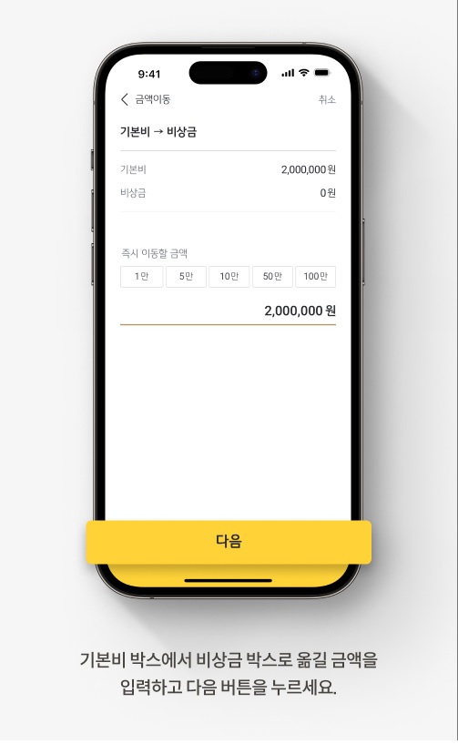 KB스타뱅킹 앱에서 KB마이핏 통장의 비상금 박스를 만드는 방법을 설명하는 그림이다.